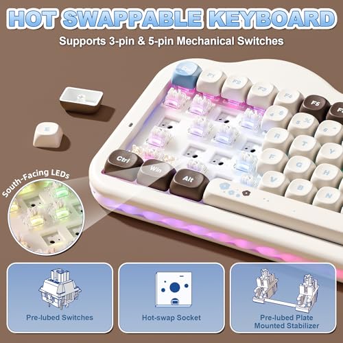 Image of YUNZII C75 Wireless Mechanical Keyboard, 75% Layout, Hot-Swappable NKRO, BT5.0 /2.4G /USB-C Mode, Dye-Sub PBT MOA Keycaps, RGB Gasket Mount, Cute Cake Design for Mac /Win /Gaming (Choco, Milk V2 Switch)