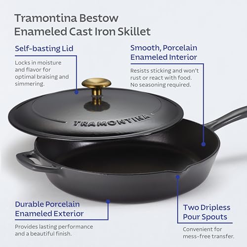 Image of Tramontina Bestow Enameled Cast Iron 12-Inch Skillet with Lid, Smoke