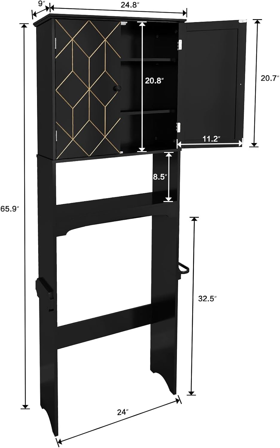 HLR Over The Toilet Storage Cabinet with Gold Trim, Over Toilet Bathroom Organizer with Adjustable Shelves and Toilet Paper Holder, Above Toilet Storage Cabinet Spacesaver for Bathroom (Black)