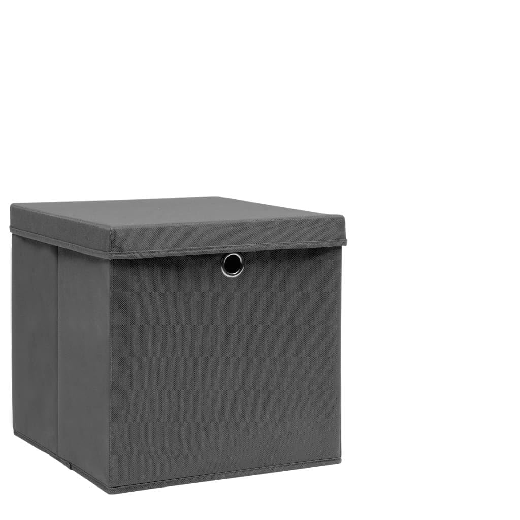10 Stk. Aufbewahrungsboxen mit Deckeln 28x28x28 cm Grau aus Vliesstoff, faltbare Kleiderboxen mit Metallösen für Schals, Socken und Unterwäsche, platzsparend zusammenklappbar
