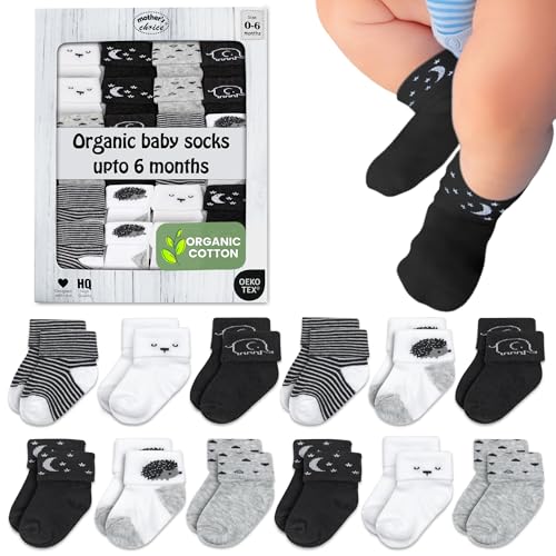 Image of Mother's Choice Organic Cotton Baby Socks 0-6 Months - 12 pairs Soft, Cozy, and Gentle Newborn Socks for Girls & Boys, Perfect for Baby Registry, Everyday Wear, and Infant Comfort