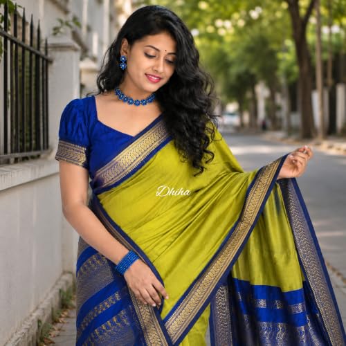 Image of DHIHA Gadwal Cotton Saree for Women | Pure Kalyani Cotton Saree with Zari Border Tassels & Blouse | Kanjivaram Linen Silk | Handloom Weave