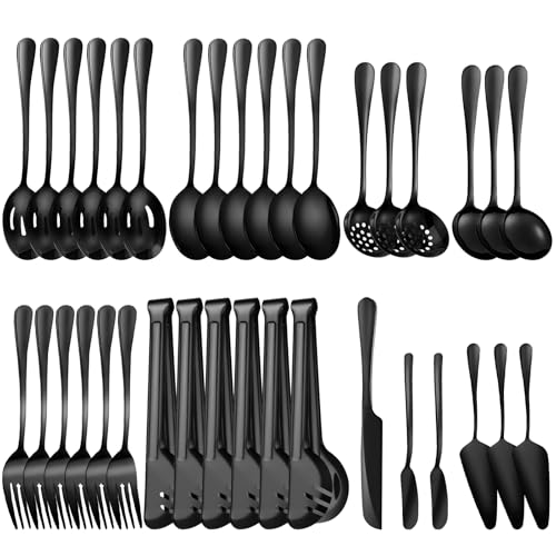 ZLMTZDJD 36-Piece Stainless Steel Serving Utensil Set Complete Buffet Essentials with Spoons Forks Tongs Ladle & More. Perfect for Wedding Holiday Catering and Family Gatherings (Black)