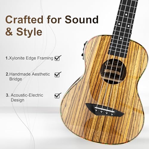 Image of Caramel 26inch CT103 Zebrawood High Gloss Tenor Electric Ukulele Professional Ukelele Kit Beginner Guitar Starter Bundle Strings, Padded Gig Bag, Strap