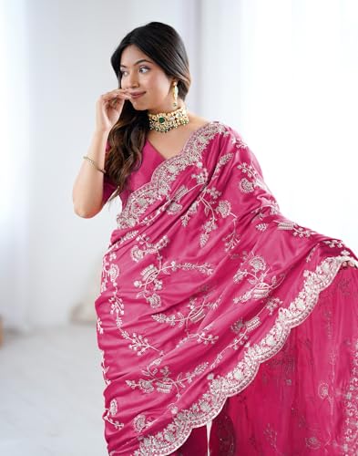 Image of SIRIL Women's Satin Embroidery And Scalloped Border Saree With Unstitched Blouse Piece