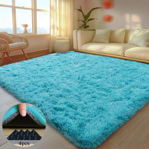 5x7 Rugs for Living Room, Large Fluffy Area Rugs for Bedroom, Soft Carpet Shag Kids Rug with 4 Non-Slip Rug Pads (Turquoise Blue, 5ft x 7ft)