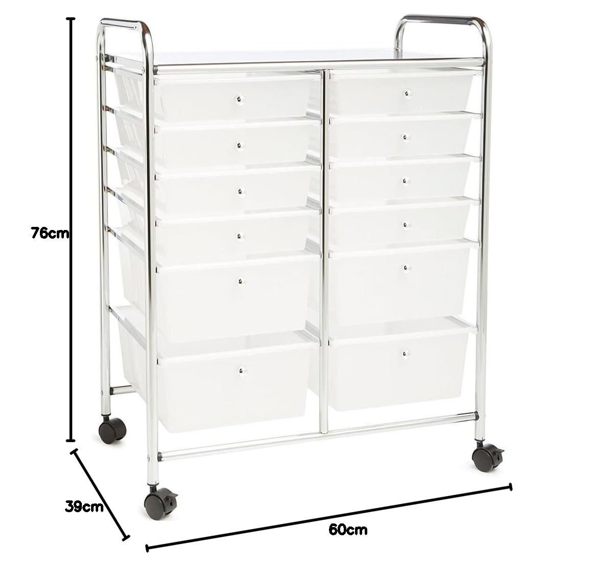 BAKAJI Carrello Multiuso Doppio in Acciaio Cromato Doppia Cassettiera 12 Cassetti e 4 Ruote Carrellino Organizer Salvaspazio per Bagno Casa Ufficio Estetista Lavoro (Bianco)