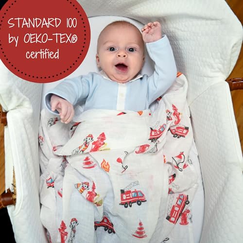 Image of LollyBanks Muslin Swaddle Blanket, 100% Muslin Cotton Swaddle Blankets for Baby Boys, 47 X 47 Inches Soft and Cozy Blankets for Newborn Baby, Newborn Essential, Registry (Fireman Dog Print)