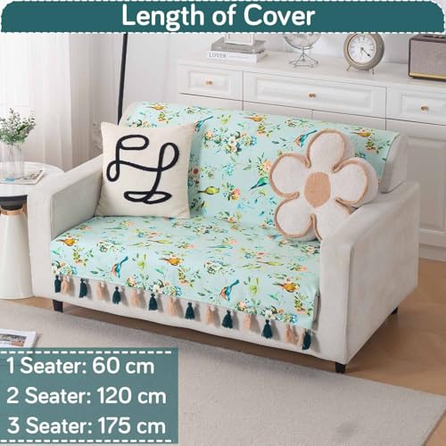 Image of HOKIPO Sofa Cover with Tassel for 2 Seater Sofa | Full Protection for Seat and Back | Printed Holland Velvet Fabric | 'Whispers of Nature' (160x120 cm), Mint Birdsong Blossom (IN-1126-D3)