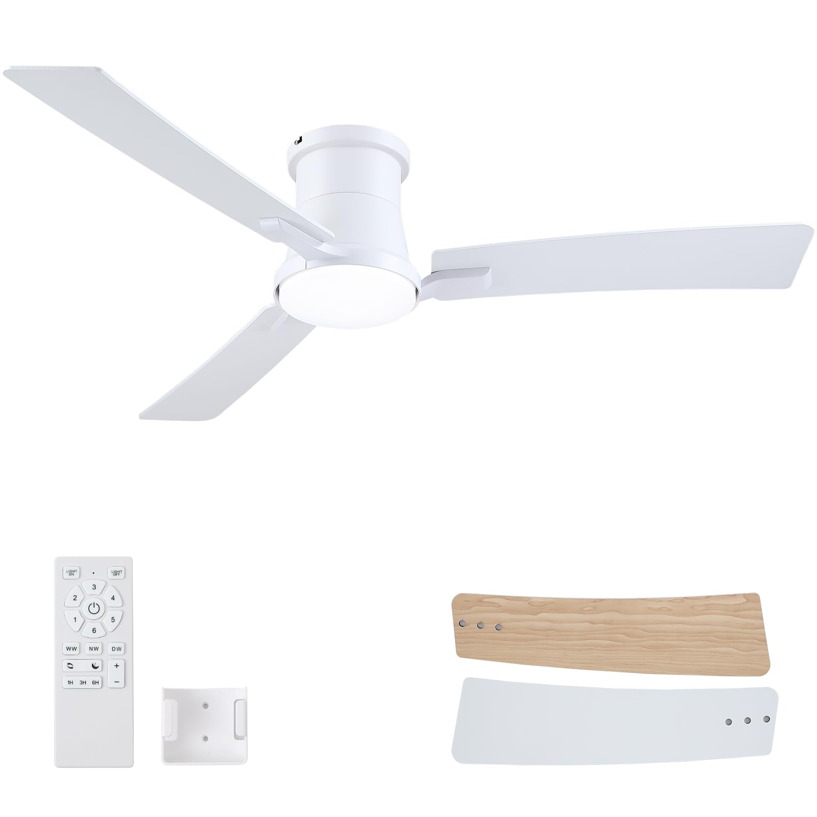 52 Inch Ceiling Fans with Lights,White Modern Flush Mount Ceiling Fans,Low Profile Ceiling Fan for Bedroom,Courtyards,Living Room,3CCT Dimmable,6-