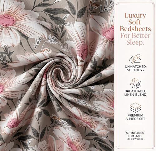 Image of HOMEKART Floral Printed King Size Cotton Bedsheet with 2 Pillow Covers | Luxury Double Bed Bedding Set 86x88 Inches | Ultra Soft, Breathable & Wrinkle Resistant & Home Decor (Misty Pink Bloom)
