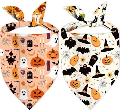 Halloween Dog Bandanas, Double Sided 4 Patterns Reversible Triang...