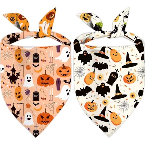 Halloween Dog Bandanas, Double Sided 4 Patterns Reversible Triangle Pet Scarfs with Pumpkin, Spider, Bat, Ghost, Fall Dog Bandanas for Boy and Girl 2 Pack Cat Bib Handkerchief Holiday Set Halloween Dog Bandanas, Double Sided 4 Patterns Reversible Triangle Pet Scarfs with Pumpkin, Spider, Bat, Ghost, Fall Dog Bandanas for Boy and Girl 2 Pack Cat Bib Handkerchief Holiday Set