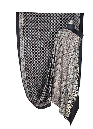 Image of Ethnics of Kutch Womens Ajrakh Modal Silk Natural Dye Hand Block Print Saree with Blouse Piece - 5.5 Mtr Length (Black 27A01L)