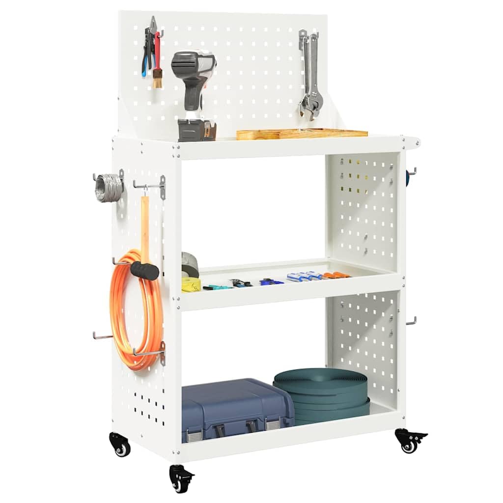 Carrello portautensili bianco in acciaio laminato a freddo, 65 x 35 x 111 cm, con 3 ripiani, 12 ganci e ruote bloccabili, per officina, garage e sala hobby, conservazione e ordine efficienti