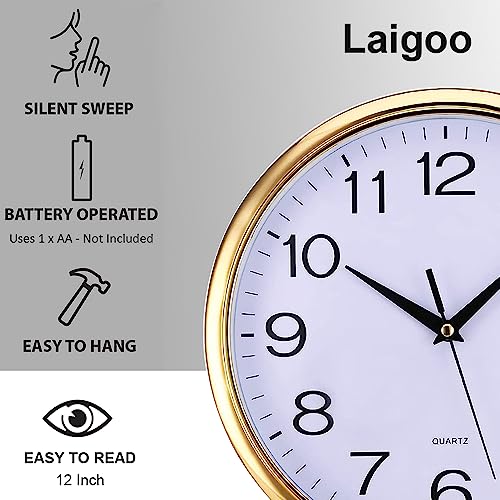 Image of Laigoo 12 inch Gold Wall Clock Analog, Silent Non-Ticking, Decorative Modern Wall Clock Battery Operated for Living Room Bathroom Bedroom Kitchen Office School