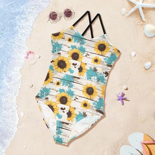 Sunflowers Pattern Girls Swimsuits Quick Dry Crossback One Piece Beach Swimwear Bathing Suit3