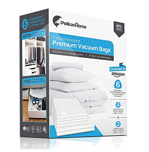 Bolsas de Almacenaje al Vacío | bolsas envasar al vacio ropa aspirador | Ropa, Ropa de Cama, Almohadas, Mantas, Cortinas | 40% + ESPOSO| (4XL 50x70 + 2Jumbo 80x100) | [6 Pack] PREMIUM | PelikanHome