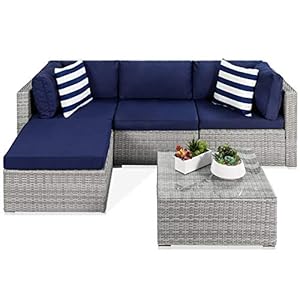 Best Choice Products 5-Piece Modular Conversation Set, Outdoor Sectional Wicker Furniture for Patio, Backyard, Garden w/ 3 Chairs, Ottoman Chair, 2 Pillows, 6 Seat Clips, Coffee Table – Gray/Navy