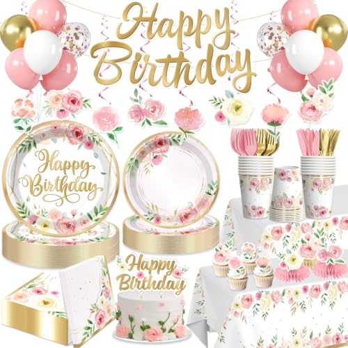Yingoto 175Pcs Floral Birthday Decorations Set - Serves 20 Guests - All-in-One Flower Theme Birthday Party Decorations Kit with Balloons Banner Cake Topper 350gsm Plates Tablecloths Backdrop