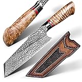 FZIZUO 7.6 Inch Handmade Santoku Chef Knife,Ultra Sharp Damascus Steel Blade, Burl Wood Handle,Japanese Style Handmade Kitchen Cooking Knives with Sheath for Home and Restaurant