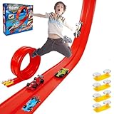 Autorennbahn Rennbahn 4M für Rennwagen, Flexible Race Car Track, Dual Rennstrecke Rampen, für 1:64 Autos, geeignet für Kinder ab 3 Jahren, Jungen und Mädchen (Rot)