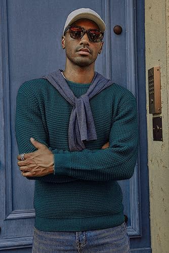 Image of ColorChakra Waffle Knit Mens Sweater Woolen Round Neck Wool Pullover