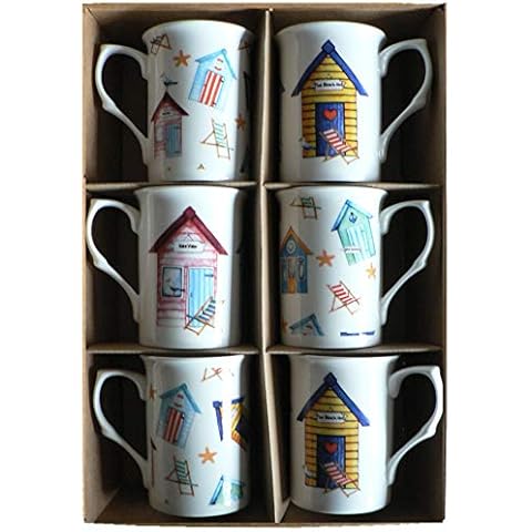 Set of 6 Beach Hut Bone China Mugs Cover
