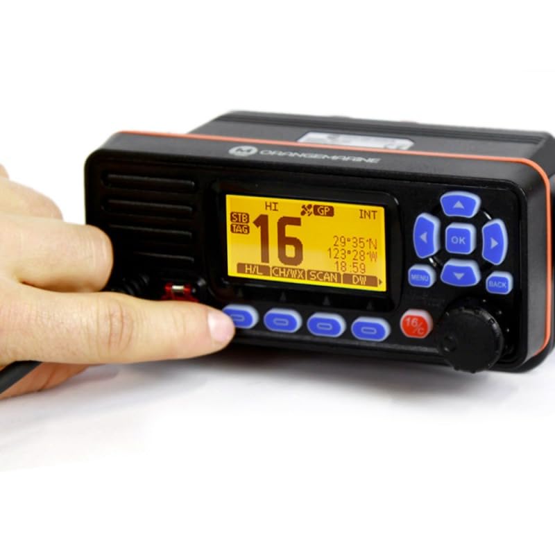 VHF Fijo Orangemarine WP250 - Radio VHF Marina 1/25W, IPX7, DSC (ASN), GPS externo, IP-resistente, doble espera