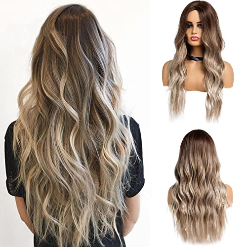 Esmee 24 Inches Synthetic Dark Root Light Brown Ombre Grey Long Wavy Hair Wigs Center Part Costume Wig for White Black Women