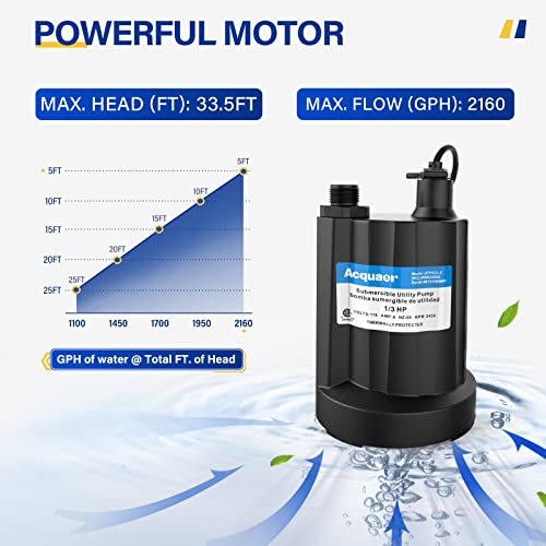 Image of Acquaer 1 /3 HP Submersible Water Pump 2160GPH Sump Pump Thermoplastic Utility Pump Portable Electric Water Pump Water Remove for Basement Hot Tubs Garden Pool Cover Draining with 10 ft Cord
