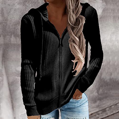 Women's Autumn Winter Rib Knit Long Hoodies Zip Up with Casual Loose Cardigan Sweater Outwear Coat(XL-Black)2