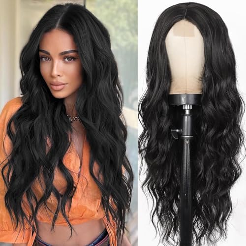 PORSMEER Peluca Negro Encaje Frontal para Mujer, Largo Ondulado Sedoso Lace Front Mezclar Yaki Pelo 180% Densidad Sintético Natural Pelucas para Halloween Cosplay Disfraz 24