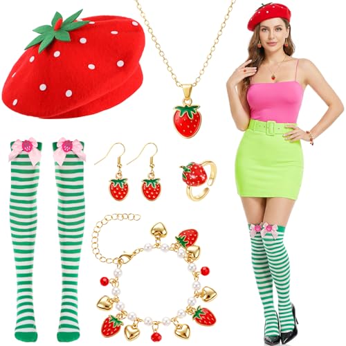 7 Stück Erdbeer Kostüm Damen, Erdbeere Baskenmütze Oberschenkelhohe Socken Erdbeer Schmuckset Ohrringe Halskette Armband Ring Strawberry Obstkostüm für Hawaiian Kostüm Halloween Carnival Obst Party