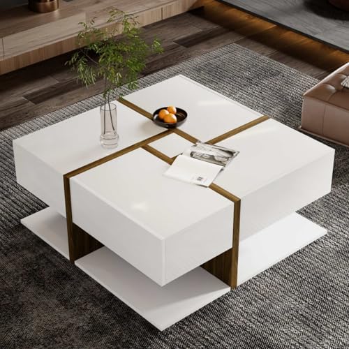 KOMHTOM Table basse carrée blanche avec quatre tiroirs, table de salon avec espace de rangement, table d'appoint moderne et brillante