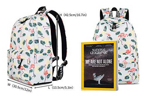 Meisjes schoolrugzak modieuze vrijetijdsrugzak voor vrouwen tieners jongens waterdichte tas schooltas dagrugzak met laptopvak, Witte flamingo., Large, Kinderrugzak - Image 3