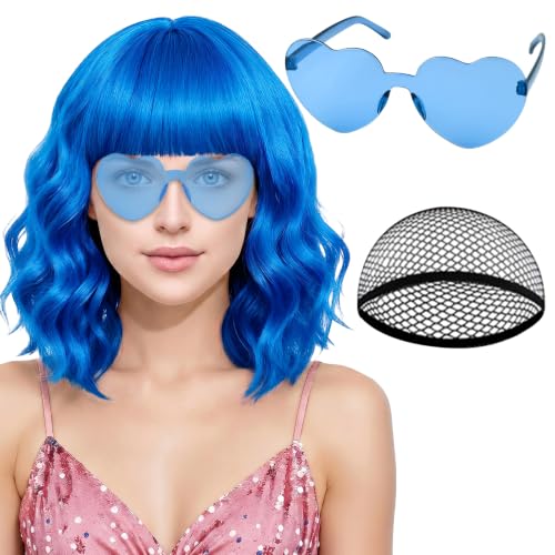PLULON Blue Wavy Bob Wigs with Bangs Heart Sunglasses Hair Cap for Women Colored Synthetic Hair Short Bob Loose Curly Shoulder Length Wigs for Costume Bachelorette Party Music Festival
