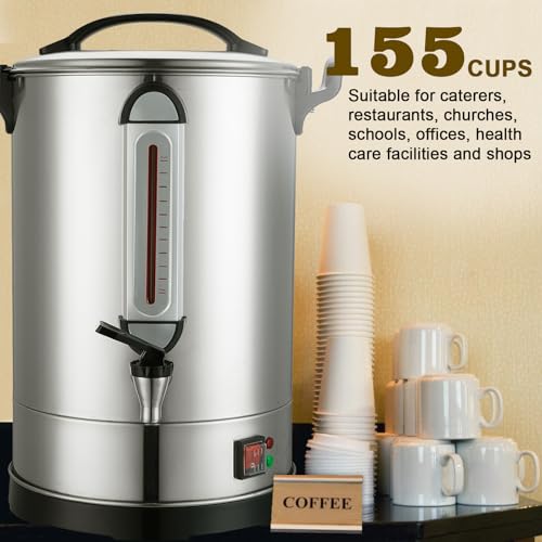 Coffee Percolator Large Coffee Maker 155 Cups Commercial Coffee Urn Electric Industrial Coffee Maker Hot Water Dispenser Machine for Catering, Church, Restaurant Dual Layer Stainless Steel 1500W 120V