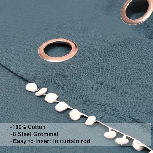 Image of THE LINEN COMPANY Cotton Sheer Grommet Curtains with Side Border Pompom Sheer Curtain for Long Door Linen Textured, Light Filtering, Pack of 2 (Navy Blue, 8 Feet)