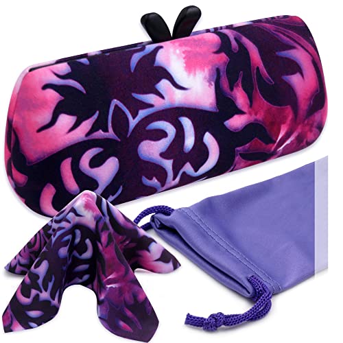 Estojo de óculos fofo - estojo de óculos de sol de designer pequeno - Estojo chique para óculos - Óculos femininos roxos com alças com bolsa e pano (AS461 roxo damasco)
