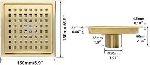 Miniatura 2 de RANDOM Drenaje de Ducha Dorado Cepillado Cuadrado de 6 Pulgadas con Rejilla de Parrilla y Colador de Pelo Removible, Desagüe de Ducha de Acero