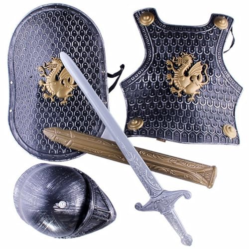 Disfraz de caballero para niños, 4 piezas/juego de armadura de caballero medieval con patrón de dragón, incluye casco, escudo, espada y armadura, disfraces para niños para juegos de rol, cosplay, Hal