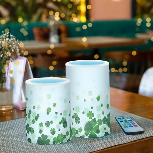 Image of ALAZA St Patricks Day Clover Flickering Flameless Candles Battery Operated with Remote Timer,Tea Light Candles LED Pillar Votive Candles Set of 2 for Outdoor Indoor Decorations11