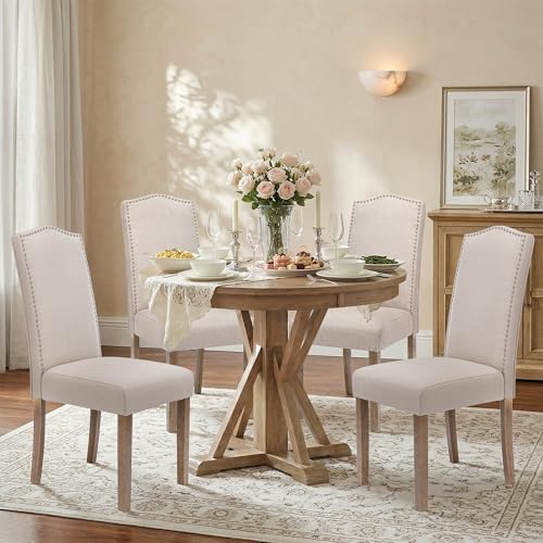 SNUGWAY Upholstered Dining Chair Modern Stylish Parsons Kitchen Diner High Back with Silver Nailhead Trim & Wood Legs, Set of 4, Fabric Beige