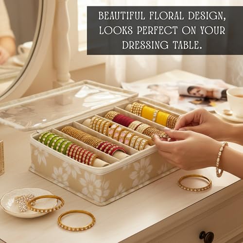 Image of PVC 5-Rod Floral Bangle Organizer Box for Women, Beige | Jewellery Bangle Storage Case for Chudi, Kada & Accessories, Bangle Holder Pouch, Pack of 1