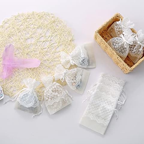 DEDEMCO 24 PCS White Lace Organza Favor Gift Bags,14 x 10 CM Mesh Jewelry Pouches Drawstring Bags for DIY Craft Wedding Party Candy Present Cover
