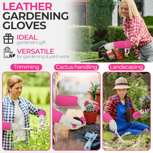 Image of HANDLANDY Rose Pruning Gloves for Men Women, Thorn Proof Gardening Gloves | Long Leather Gardening Gloves, Breathable Leather Gauntlet, Best Garden Gifts & Tools for Gardener (Pink, S)