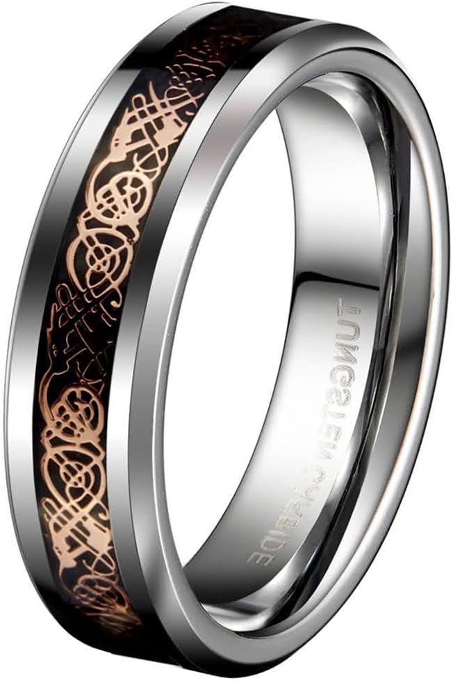 QUEENWISH 6mm Tungsten Carbide Wedding Band for Men and Women, Rose Gold Plated Celtic Dragon Inlay Engagement Ring, Comfort Fit Size 6