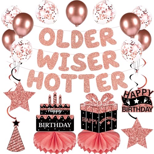 Older Wiser Hotter Birthday Decorations - 18 Pcs Pre Strung Glitter Banner Hanging Swirls Balloons Honeycomb Centerpieces For Women 30th 40th 50th 60th 70th 80th Party Sign Gift(Rose Gold)