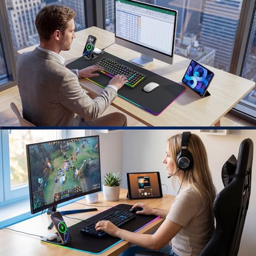 Image of Gaming Mouse Pad Wireless Charging - Desk Mat Magnetic Foldable Phone Stand 15W Fast Charge, RGB Extended Large Keyboard Mousepad - PC Laptop Desk Pad for Work Game (Adapter Not Included)